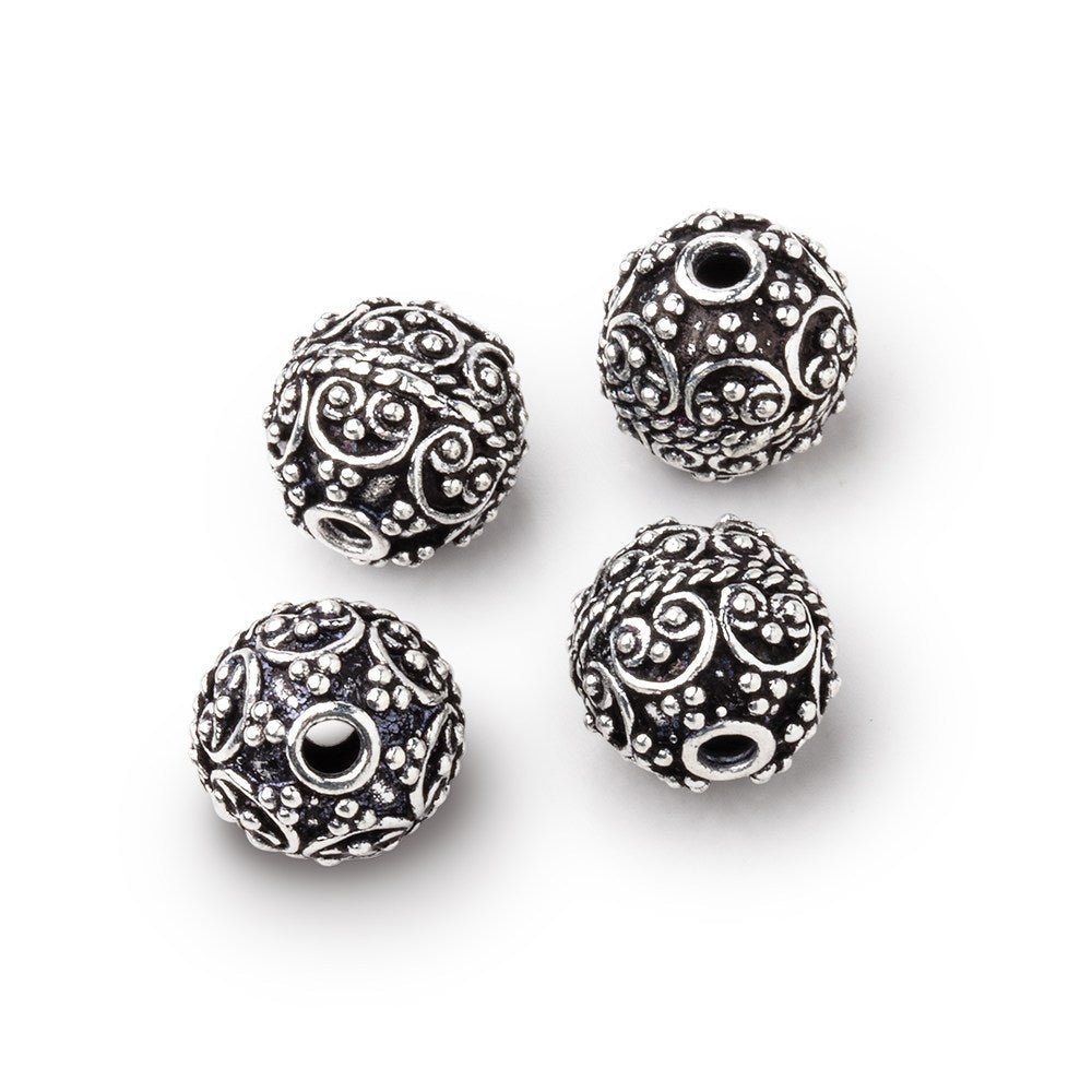 10mm Antiqued Silver Plated Copper Round Beads - Bali Scroll Design (Set of 4) - AtlantaFindingsCompany