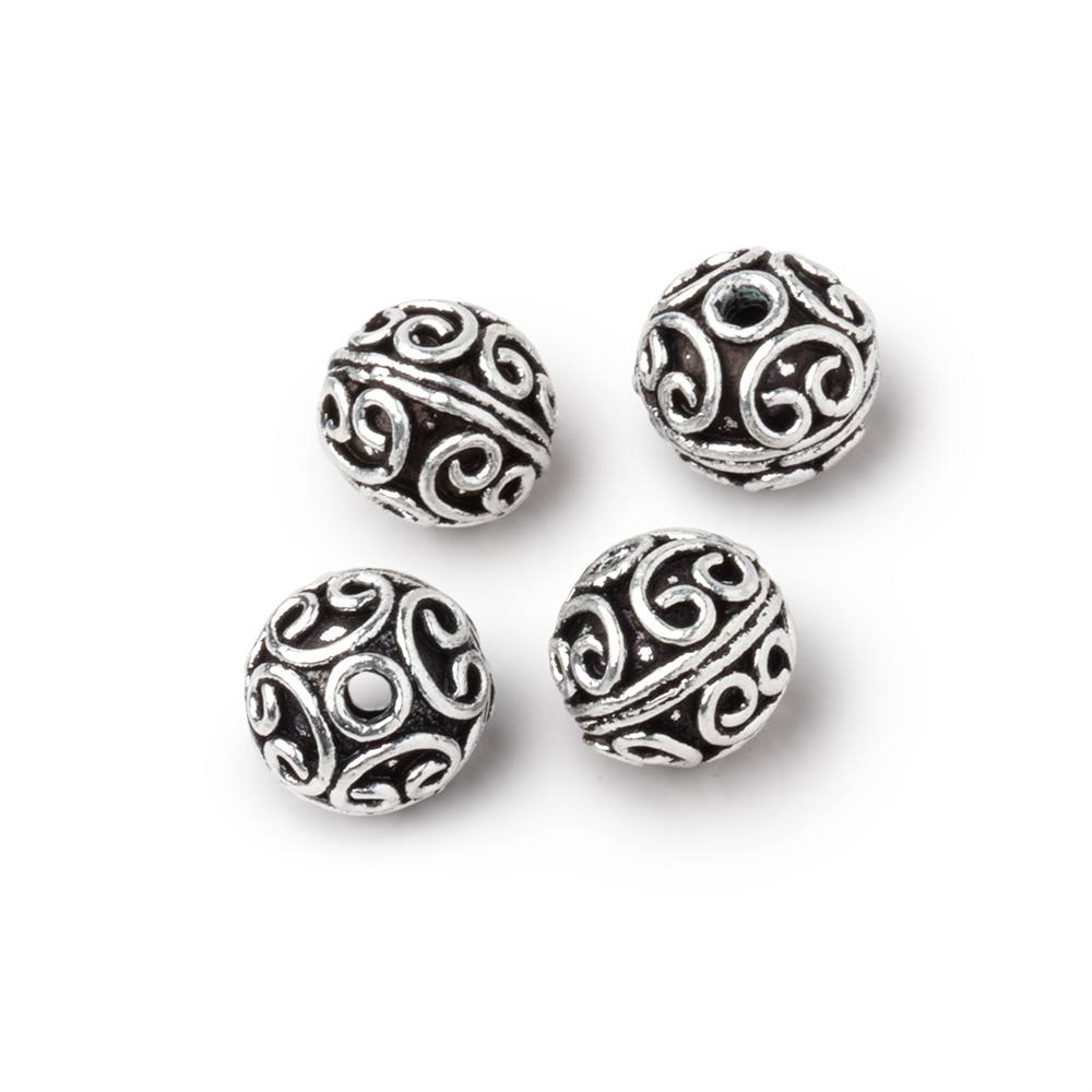 Set of 4: 10mm Antiqued Silver Plated Copper Round Beads with Simple Scroll Design - AtlantaFindingsCompany