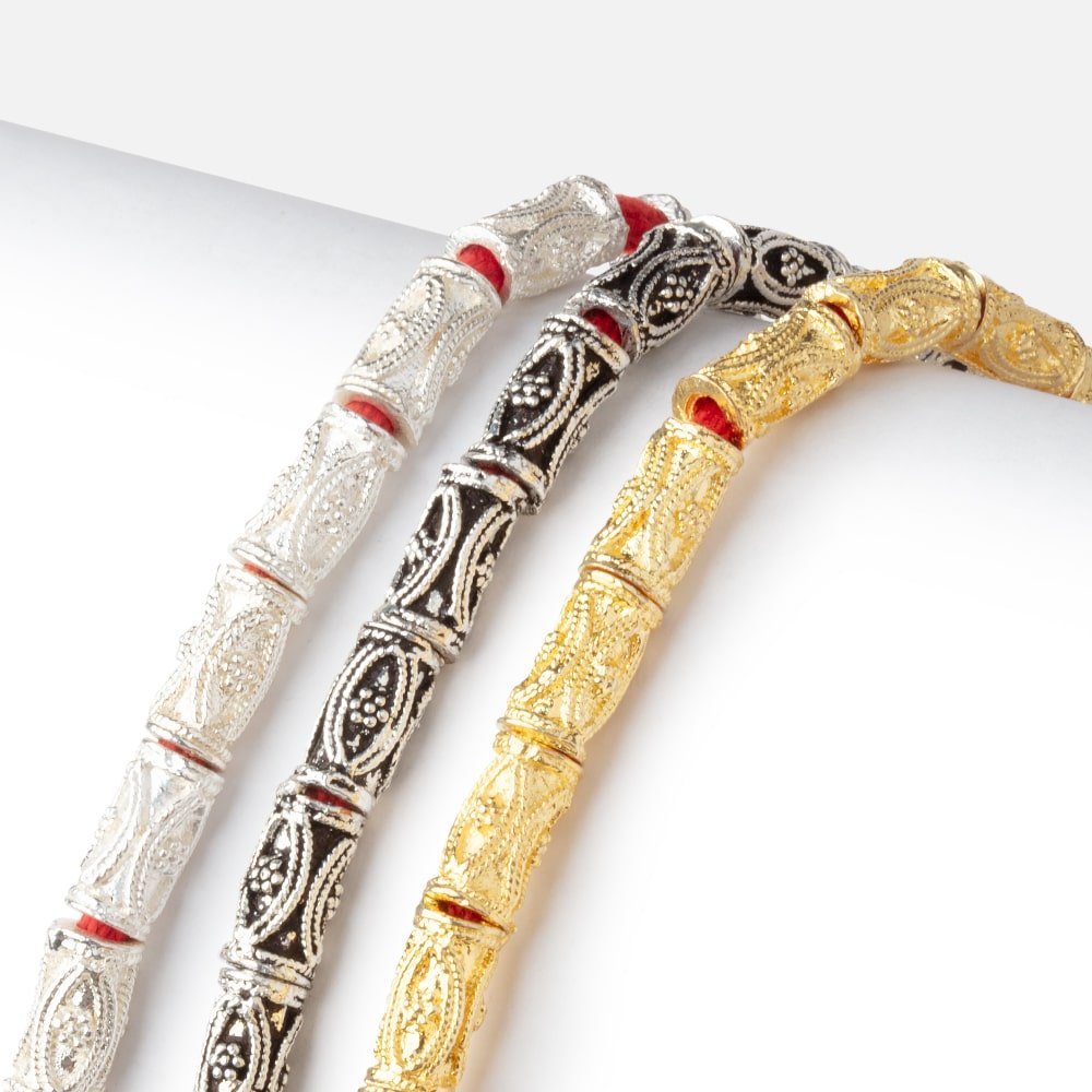 10x5mm Double Marquise Miligrain Tube Beads - 8" Strand (Approx. 20 pcs) - AtlantaFindingsCompany