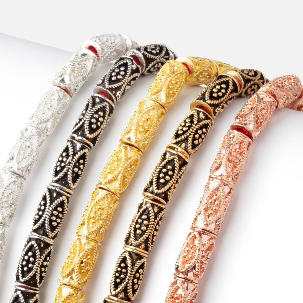 10x5mm Miligrain Marquise Design Tube Beads - 8 Inch Strand (21 Pieces) - AtlantaFindingsCompany