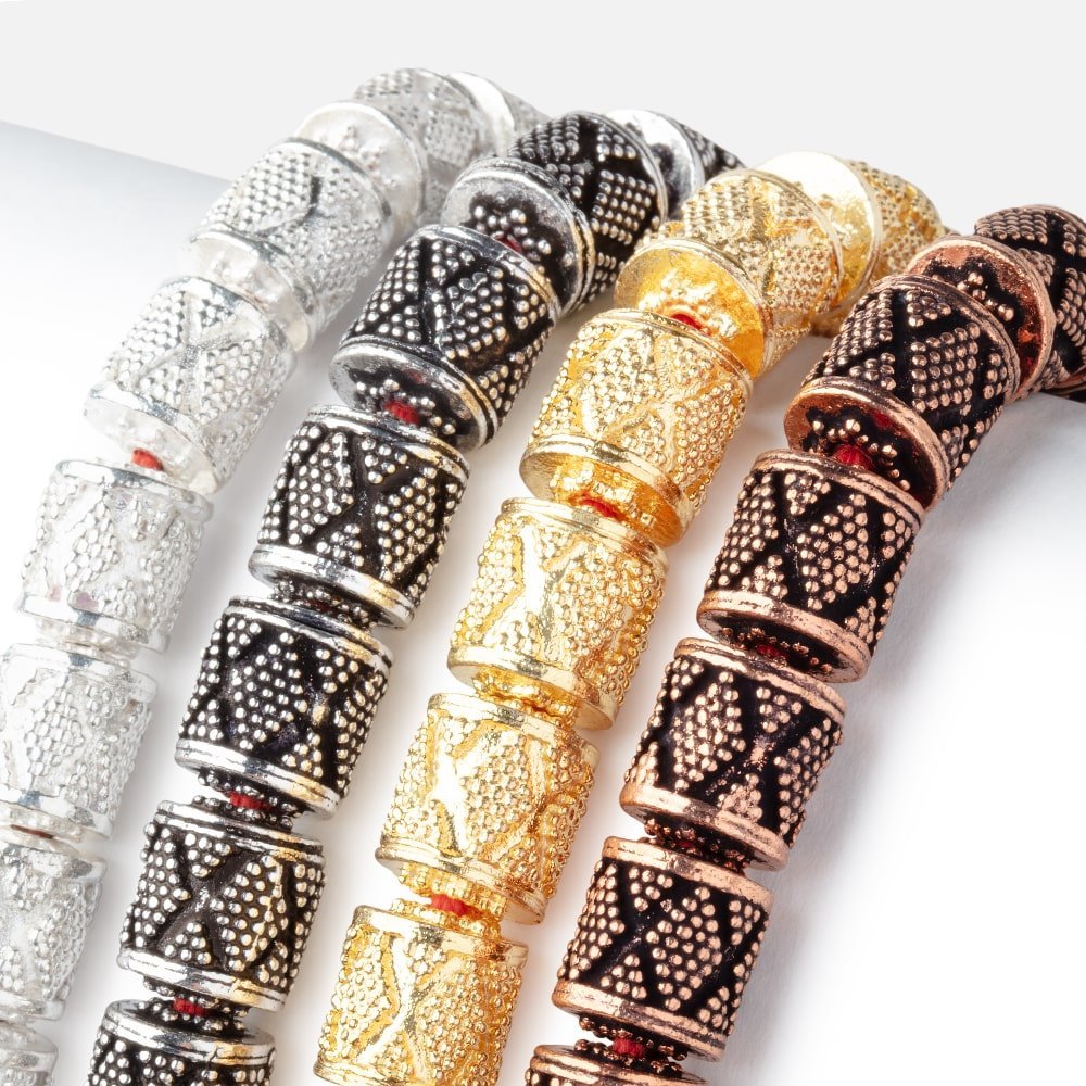 10x9mm Miligrain Diamond Design Tube Beads - 7.5" Strand, 18 Pieces - AtlantaFindingsCompany