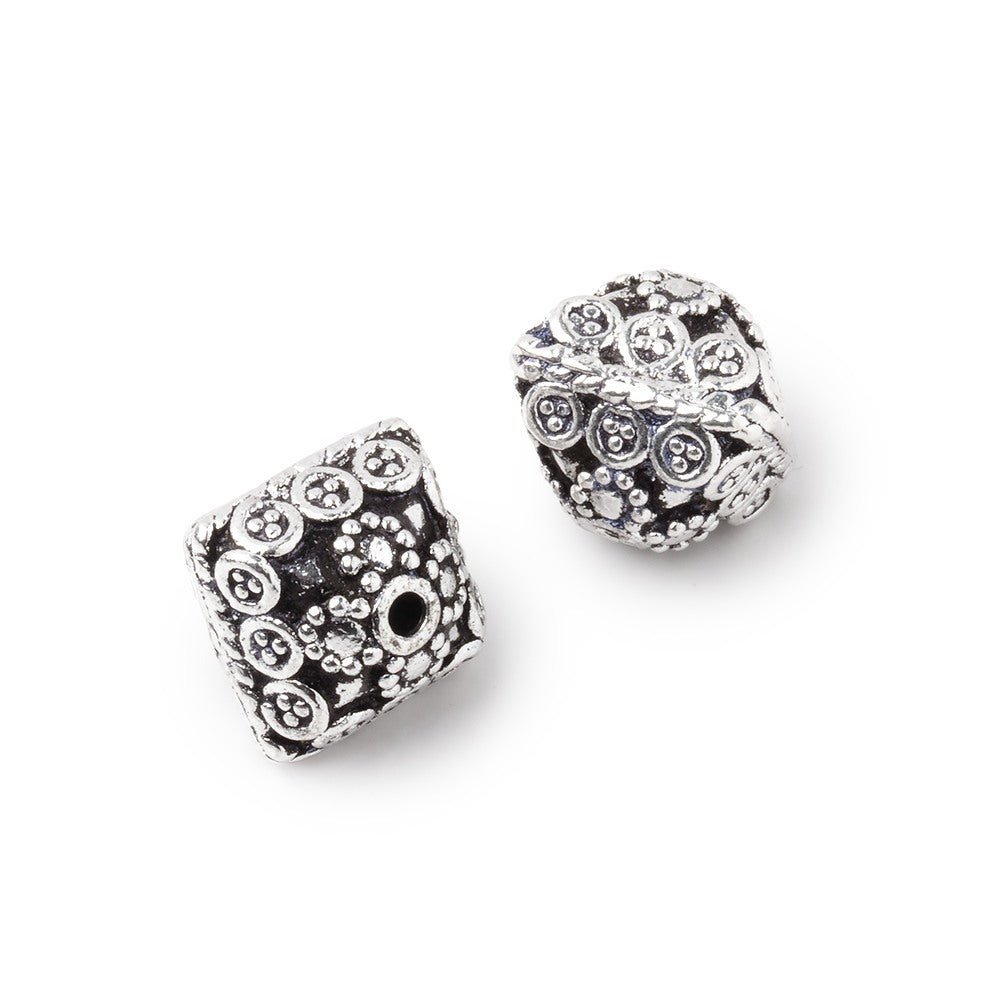 11mm Antiqued Silver Plated Copper Bipyramid Beads with Bali Design - Set of 2 - AtlantaFindingsCompany