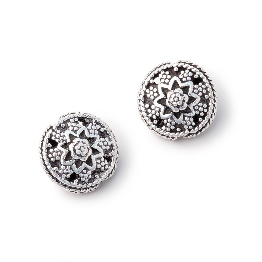 Set of 2 x 12mm Floral Design Coin Beads - AtlantaFindingsCompany