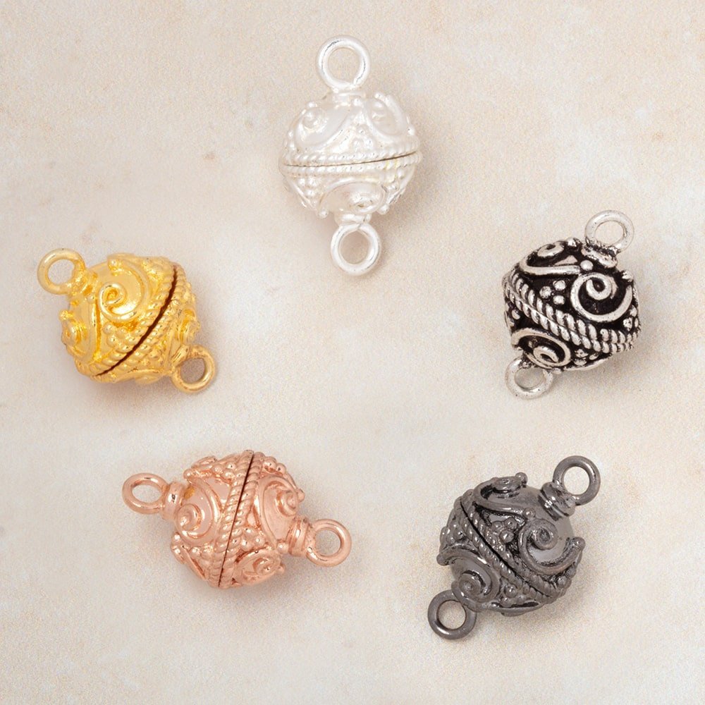 12mm Round Plated Magnetic Clasp with Swirl Design - Available in Gold, Silver, Rose Gold, and Black Gold Finishes - AtlantaFindingsCompany