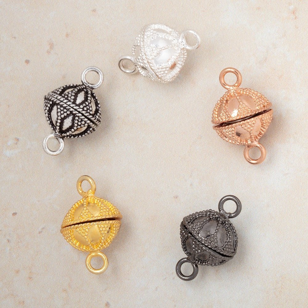 14.5mm Miligrain Petal Design Magnetic Clasp - Plated Disc with Ring Connectors - Secure Jewelry Findings - AtlantaFindingsCompany