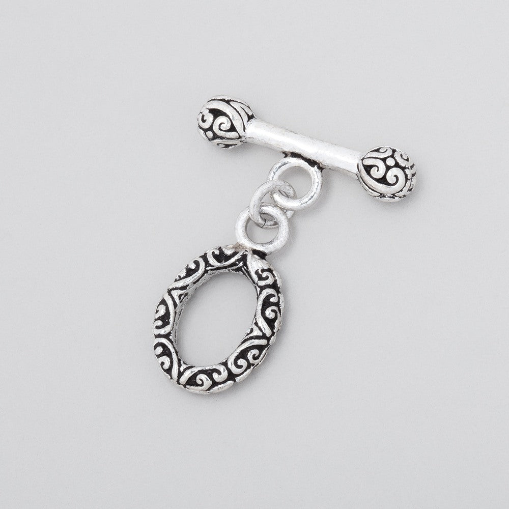 14x11mm Antiqued Sterling Silver Oval Toggle Clasp with Bali Design - AtlantaFindingsCompany