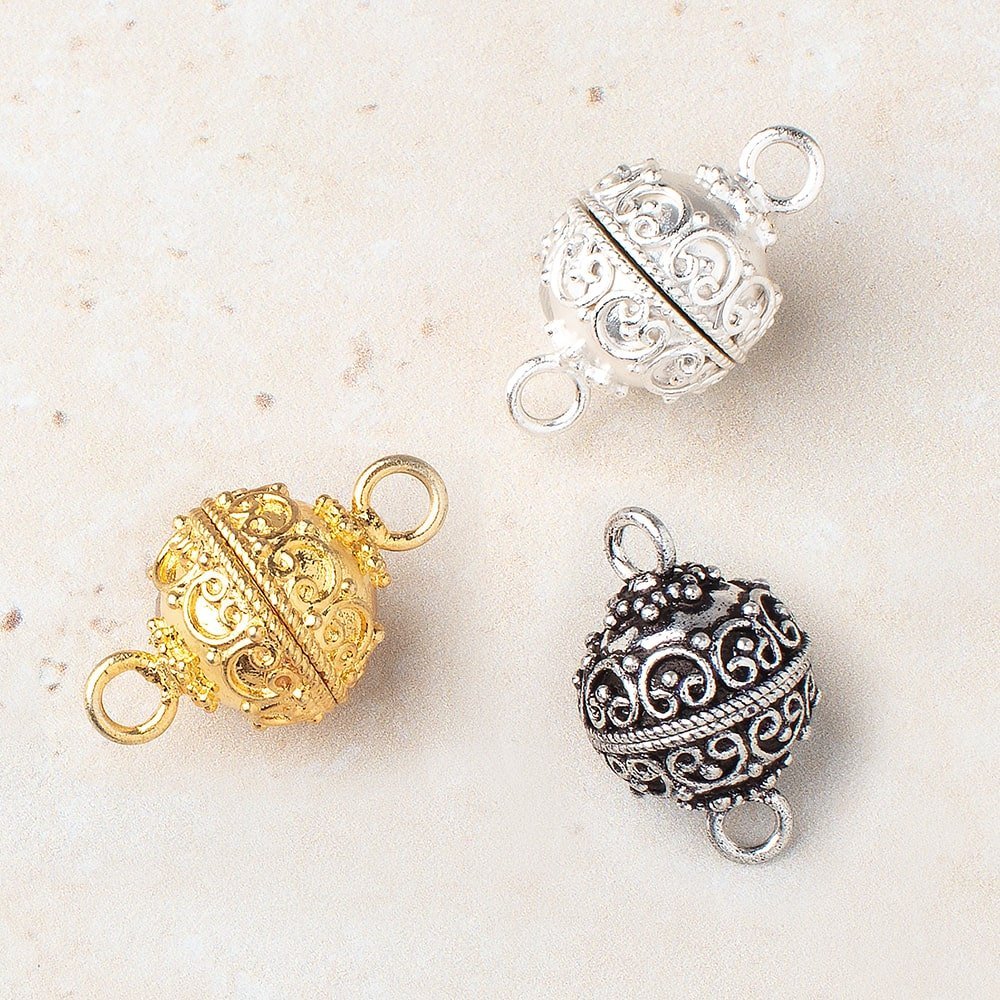 15mm Bali Design Round Magnetic Clasp - Plated Jewelry Finding with Dual Rings - AtlantaFindingsCompany