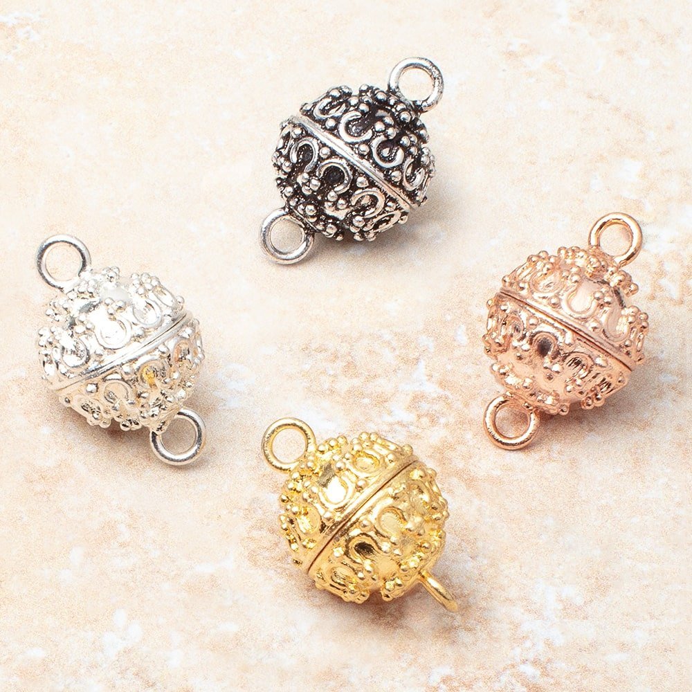 15mm Moroccan Design Round Magnetic Clasp - Plated Metal Finding with Two 6mm Rings - Available in Gold, Silver, Rose Gold - AtlantaFindingsCompany