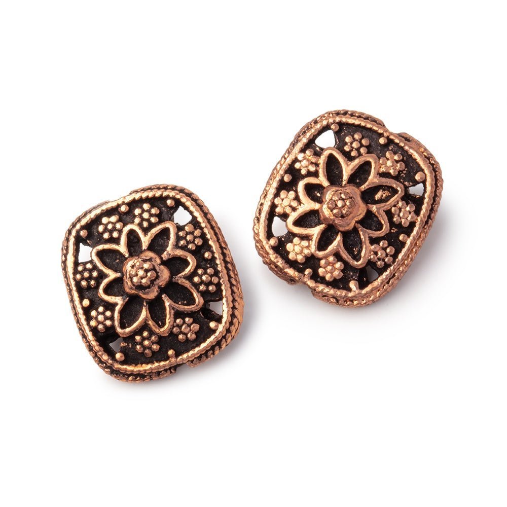 Set of 2: 15x13mm Cushion Beads with Floral Miligrain Design - AtlantaFindingsCompany