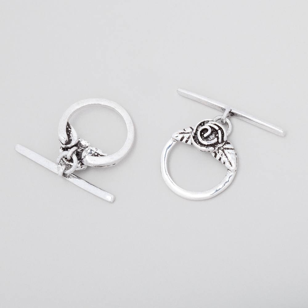 16.5mm Antiqued Sterling Silver Round Toggle Clasp with Rose Design (1 pc) - AtlantaFindingsCompany