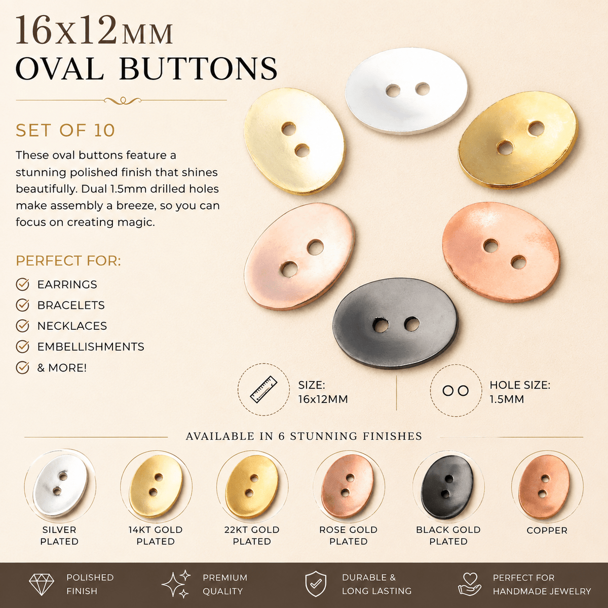16x12mm Oval Buttons with a Polished Finish - Set of 10 - Atlanta Findings