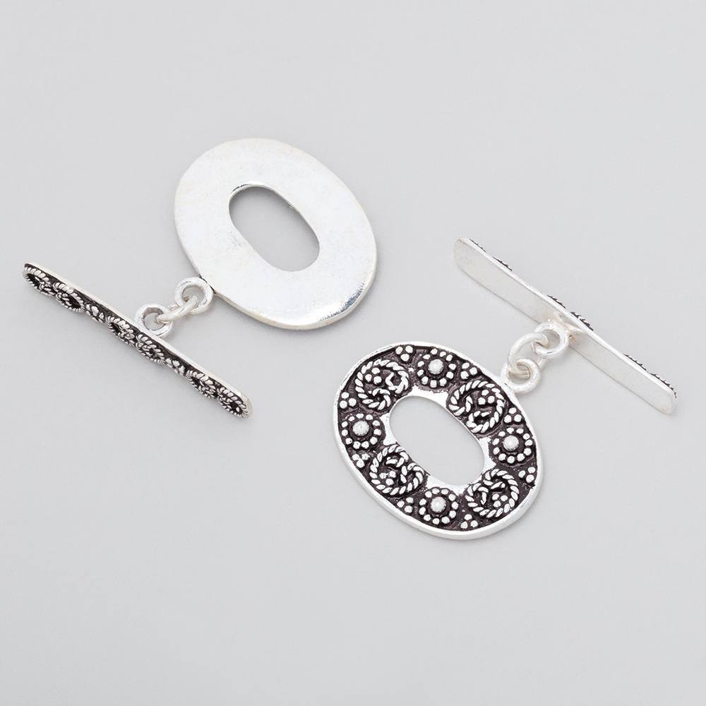 16x21.5mm Antiqued Sterling Silver Oval Toggle Clasp with Twisted Rope Design - AtlantaFindingsCompany