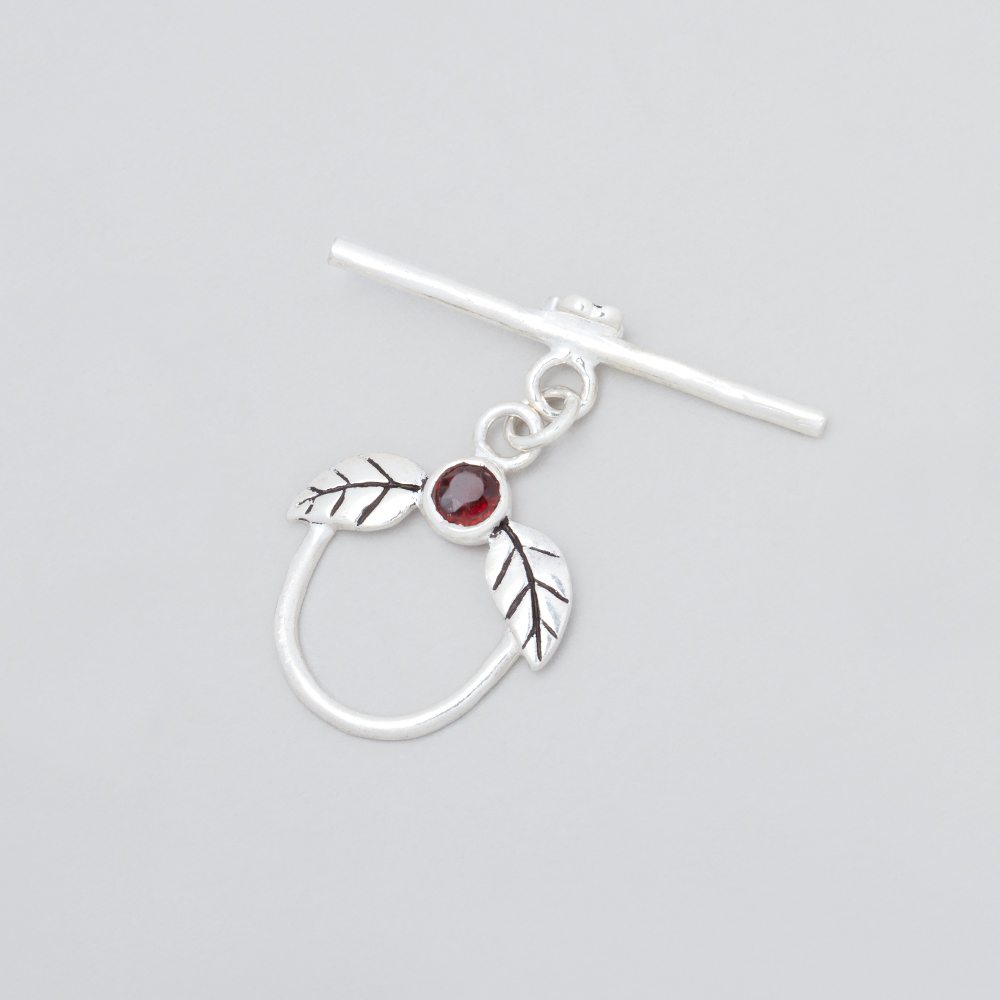 17x18mm Antiqued Sterling Silver Toggle Clasp with Leaves and Garnet - 1 pc - AtlantaFindingsCompany