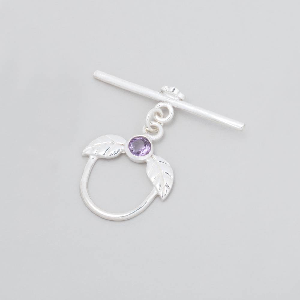 Sterling Silver Toggle Clasp with Leaves and Amethyst - 17x18mm - AtlantaFindingsCompany