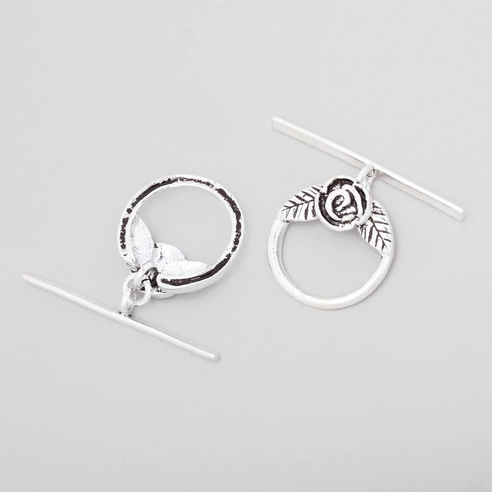 17mm Sterling Silver Round Toggle Clasp with Rose Design - AtlantaFindingsCompany