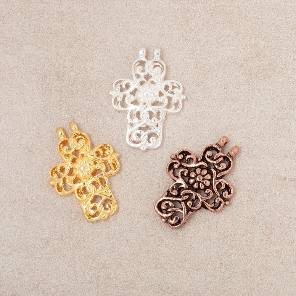 17x14.5mm Filigree Cross Two Ring Pendant Charm Set of 4 pieces - AtlantaFindingsCompany
