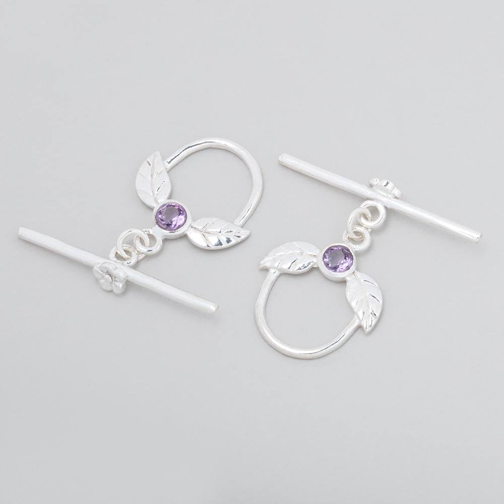 Sterling Silver Toggle Clasp with Leaves and Amethyst - 17x18mm - AtlantaFindingsCompany