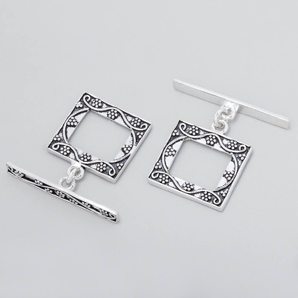 18x20mm Antiqued Sterling Silver Rectangular Toggle Clasp with Floral Design - AtlantaFindingsCompany
