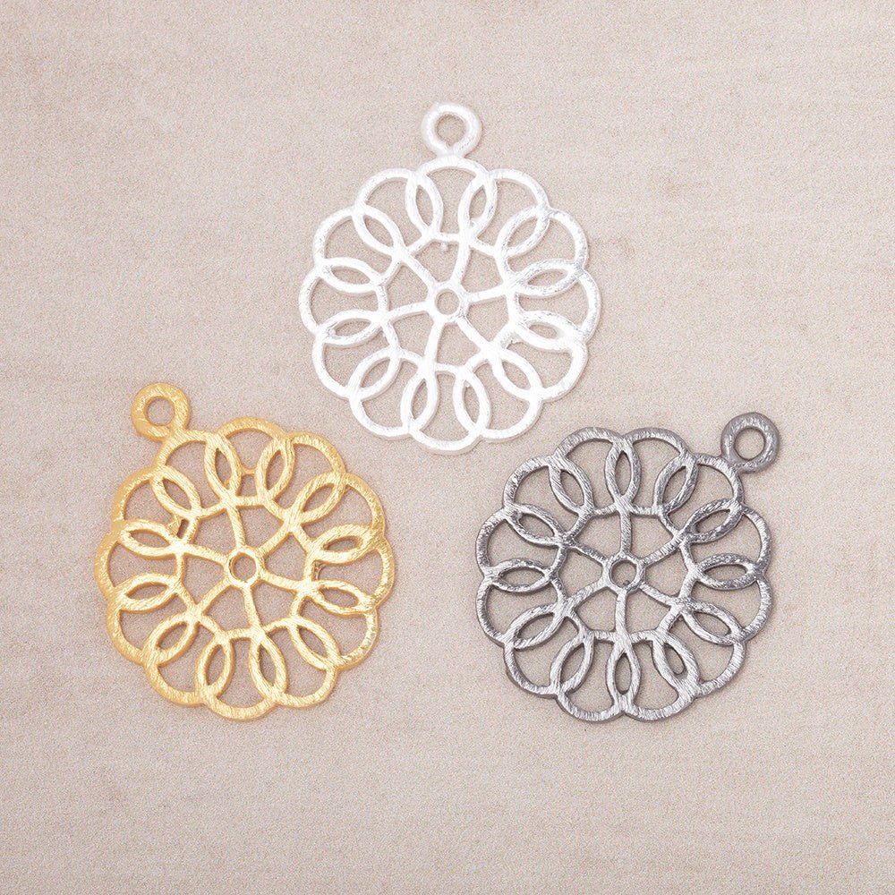 23.5mm Brushed Filigree Flower Charm Set of 2 pieces - AtlantaFindingsCompany