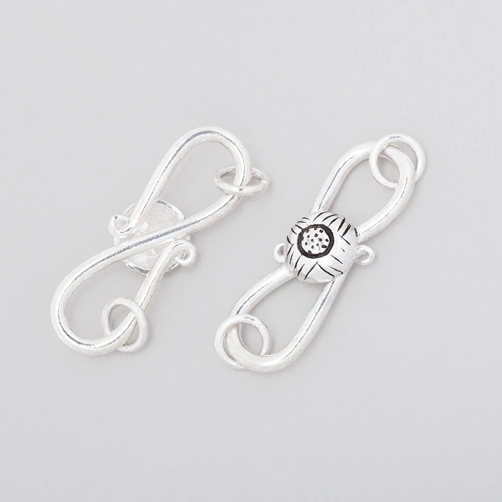 Antiqued Sterling Silver S - Hook Clasp with Floral Button - 29x10mm (1 pc) - AtlantaFindingsCompany