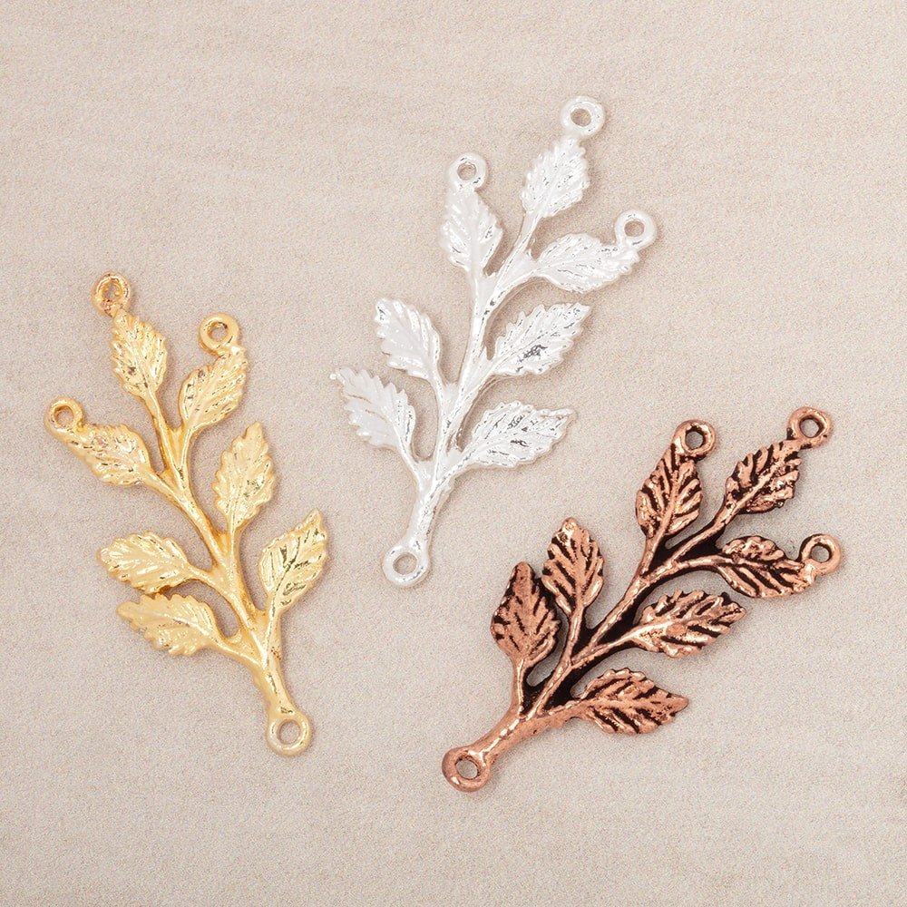 30x15mm Leafy Branch 3 Ring Charm Set of 2 pieces - AtlantaFindingsCompany