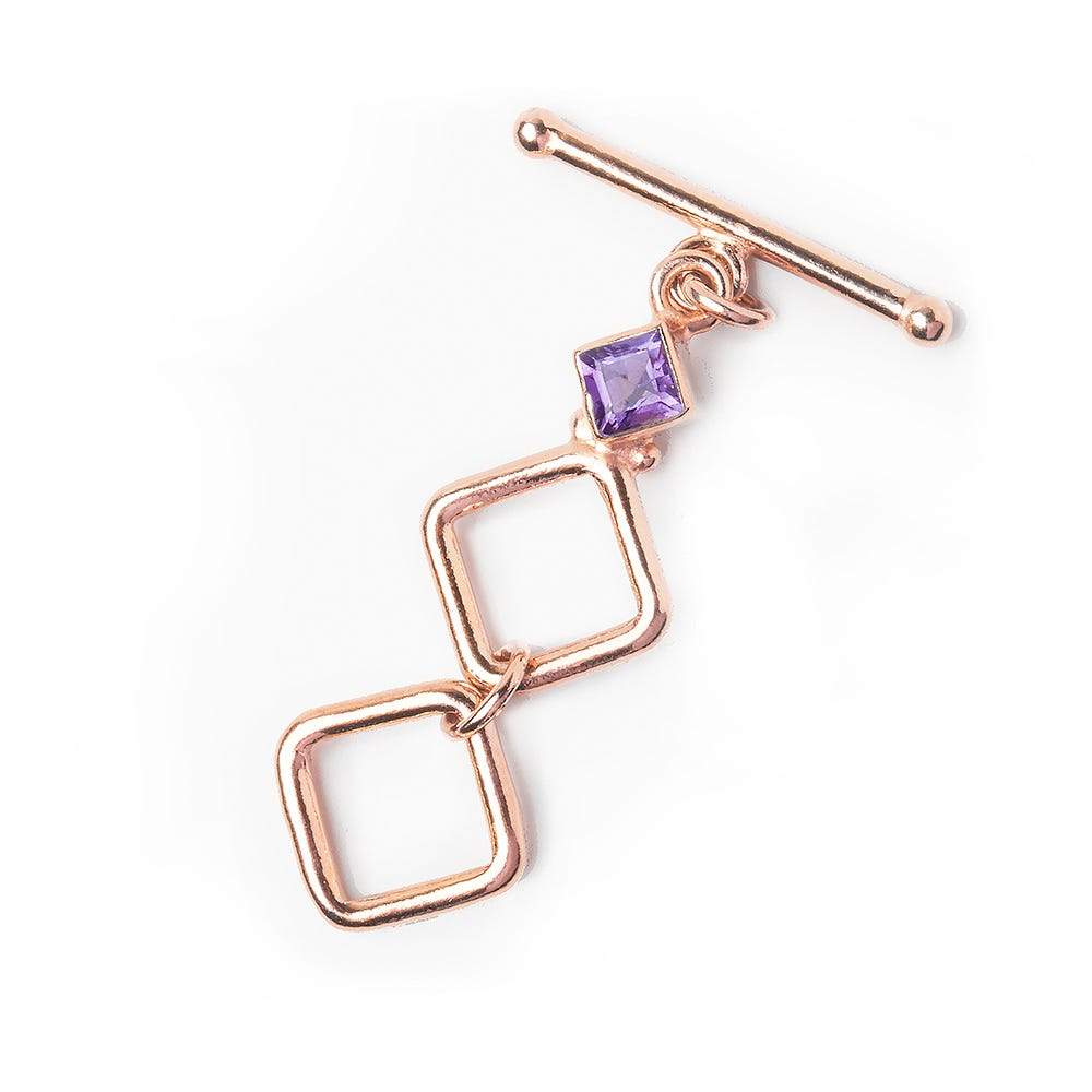 Rose Gold Plated Sterling Silver Square Toggle Clasp with Amethyst Cubic Zirconia - 31x13mm (1 Piece) - AtlantaFindingsCompany