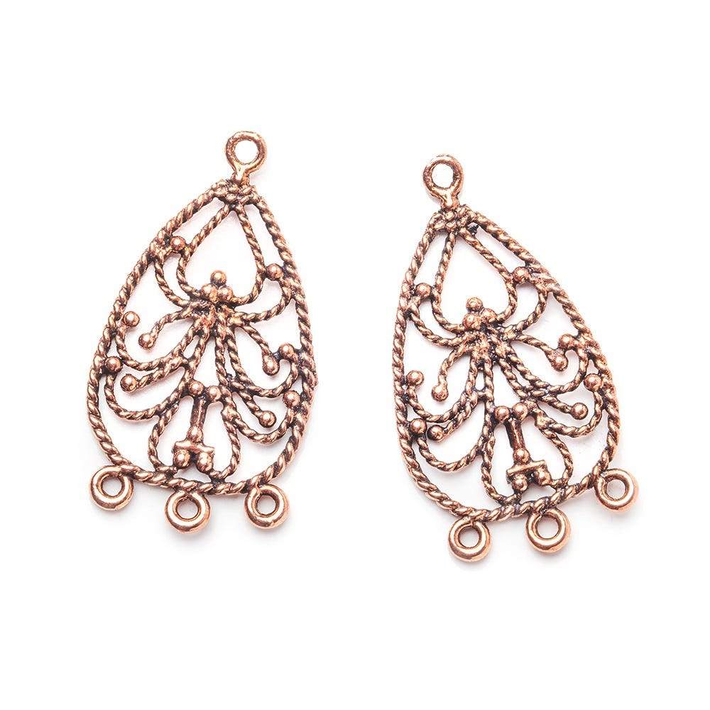 33x18mm Antiqued Copper Twisted Scroll Pear 3 ring Drop Charm Set of 2 - AtlantaFindingsCompany