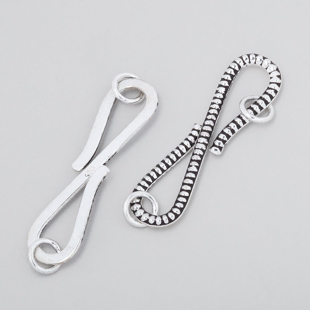 Antiqued Sterling Silver S Hook Clasp - 36x9mm with Ribbed Design - AtlantaFindingsCompany