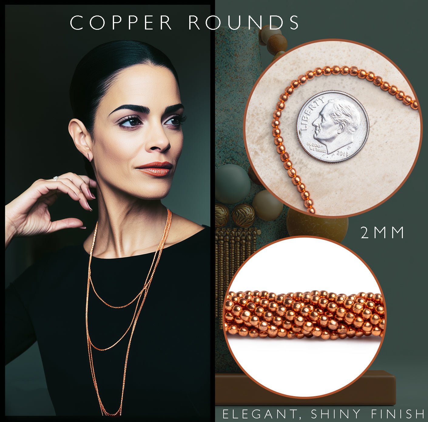 2mm Polished Round Beads - Shiny Plated Copper Strands - AtlantaFindingsCompany