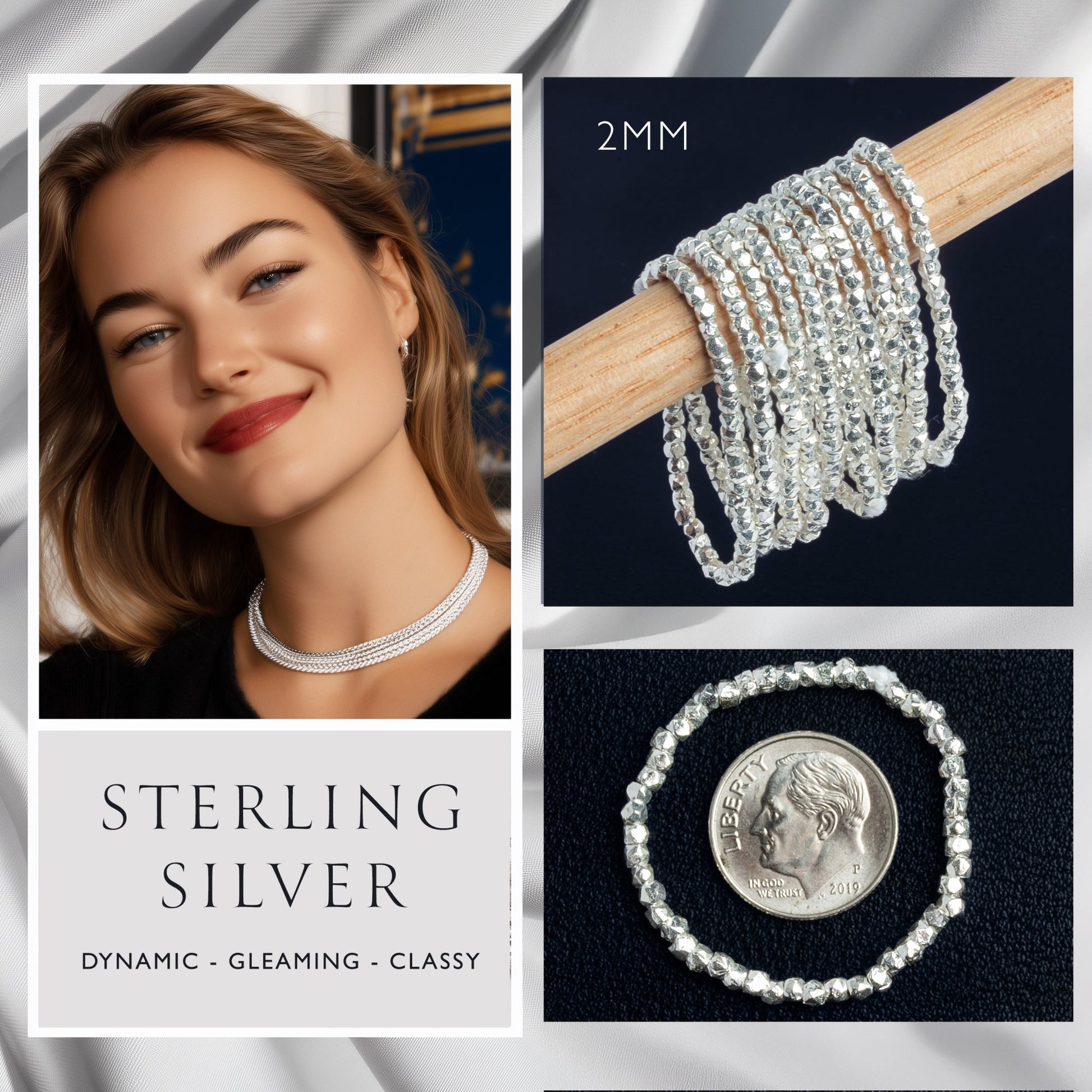 2mm Sterling Silver Faceted Nugget Beads - 3.75 Inch Strand, 50 pcs - AtlantaFindingsCompany