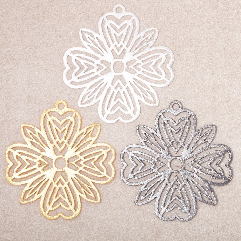 41mm Brushed Filigree Flower Charm Set of 2 pieces - AtlantaFindingsCompany