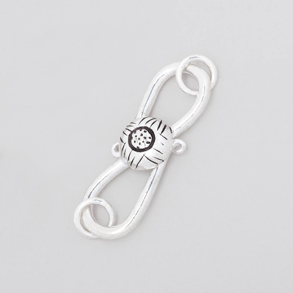 Antiqued Sterling Silver S - Hook Clasp with Floral Button - 29x10mm (1 pc) - AtlantaFindingsCompany