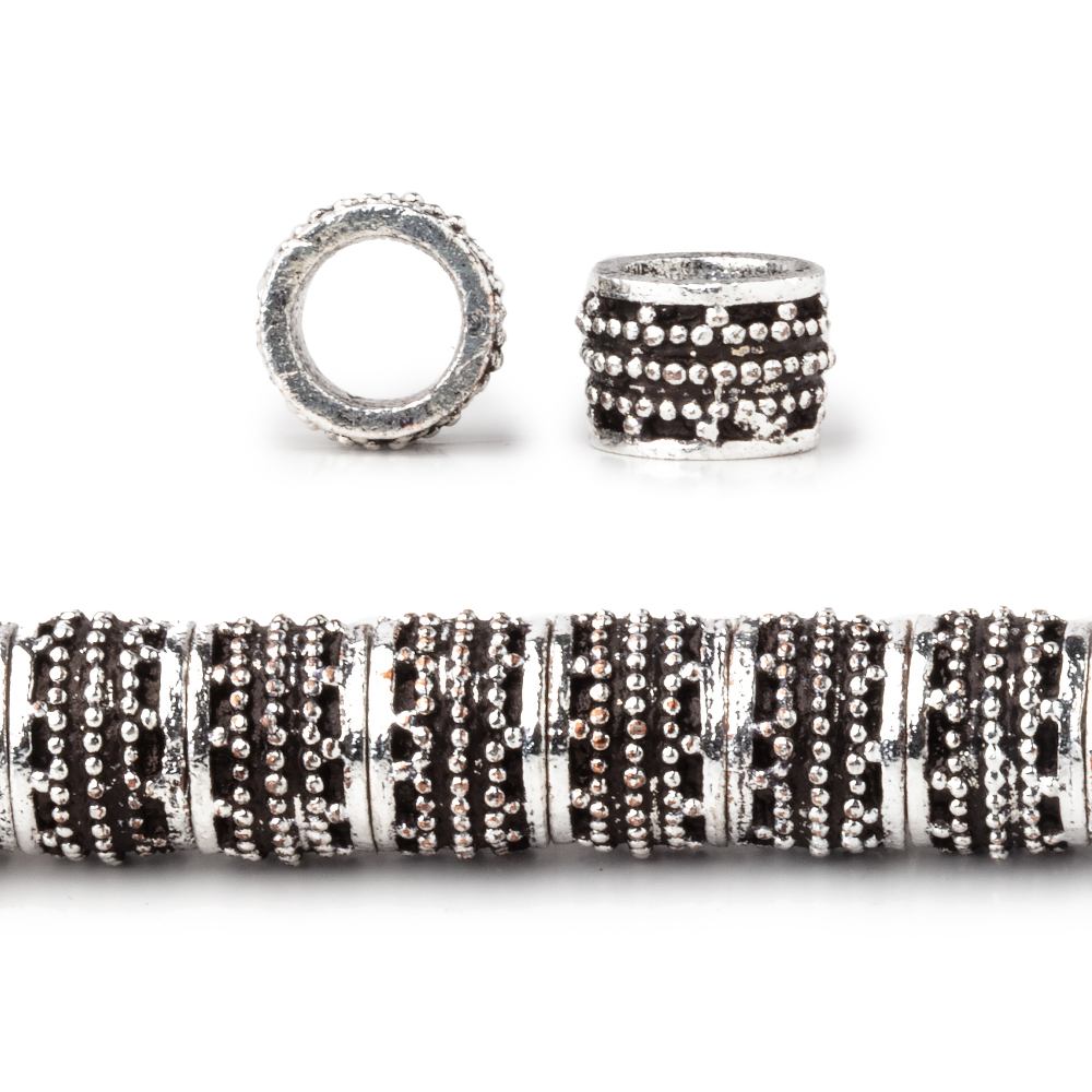 Antiqued Sterling Silver Plated Copper Miligrain Tube Beads - 9mm Diameter, Large Hole - AtlantaFindingsCompany