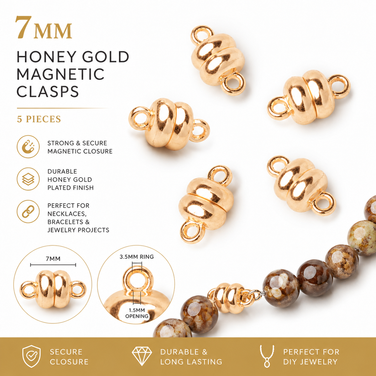Set of 5 - 7mm Honey Gold Plated Magnetic Clasps for Jewelry Making