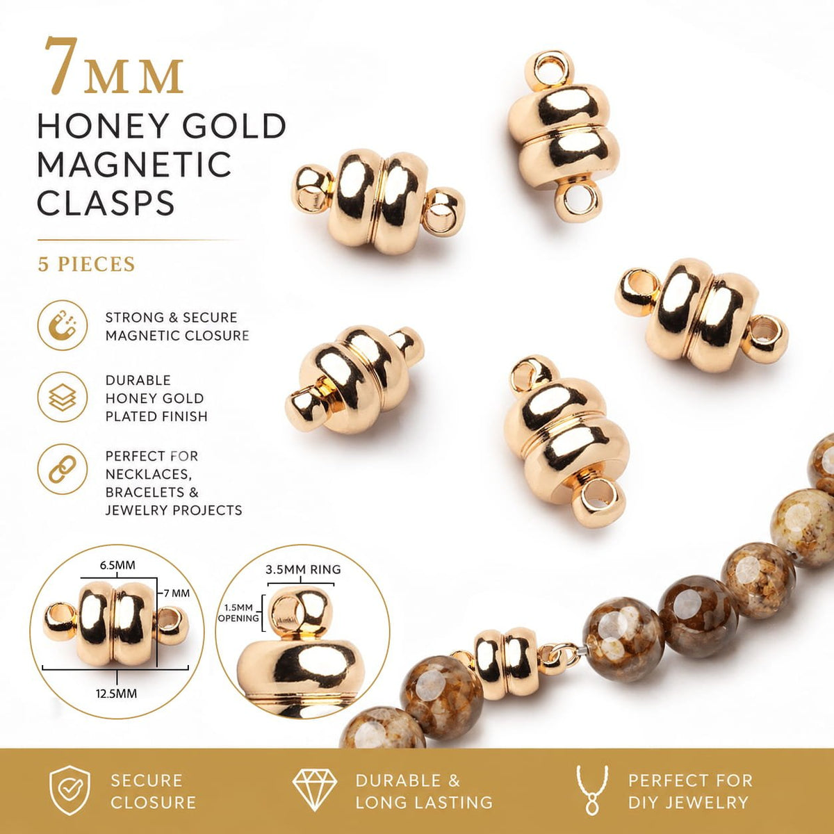 Set of 5 - 7mm Honey Gold Plated Magnetic Clasps for Jewelry Making - Atlanta Findings