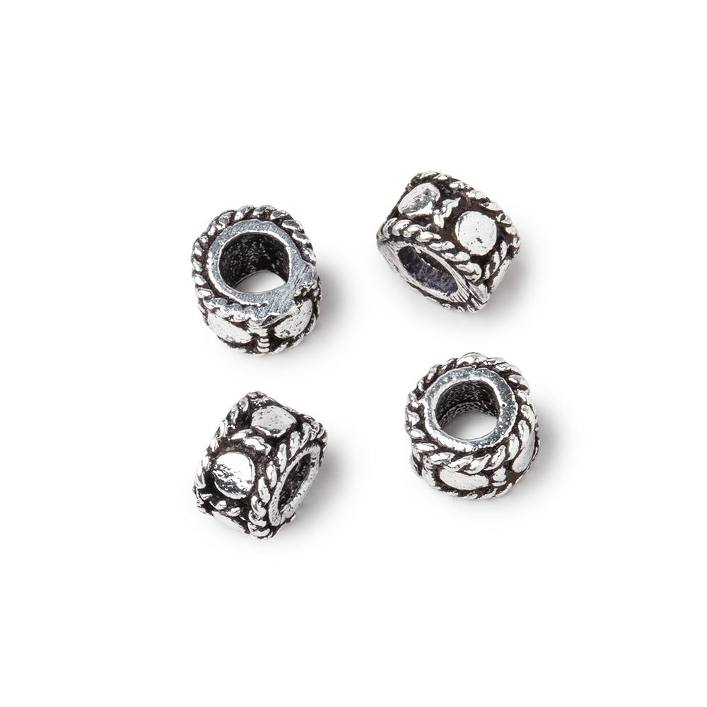 Set of 4: 7mm Antiqued Silver Plated Copper Dotted Cylinder Beads (4x7mm) - AtlantaFindingsCompany