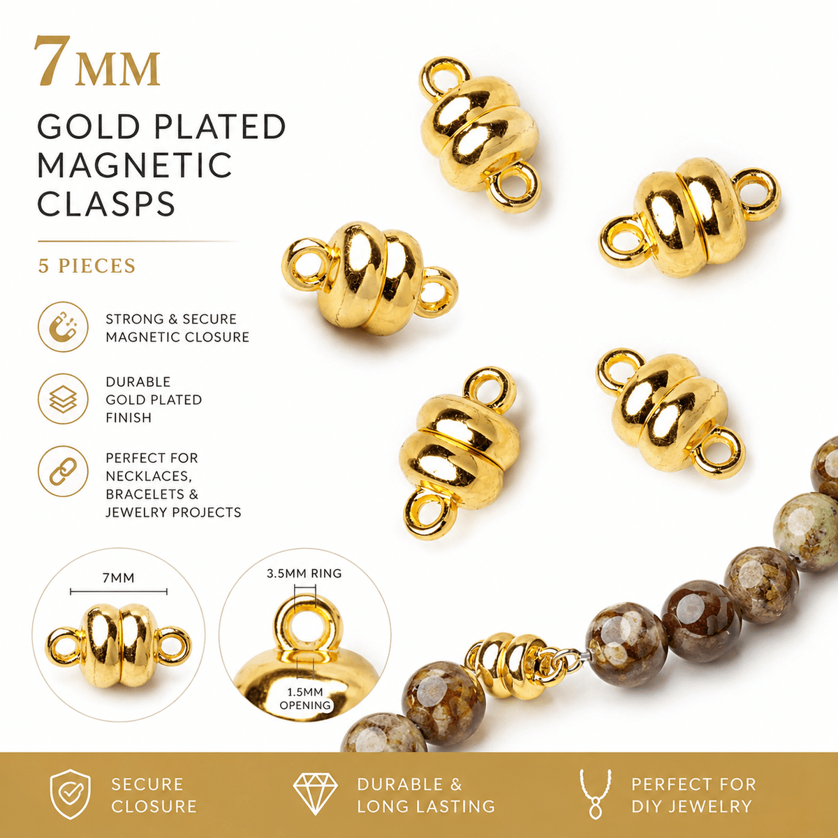 Set of 5 - 7mm Gold Plated Magnetic Clasps for Jewelry Making - Atlanta Findings