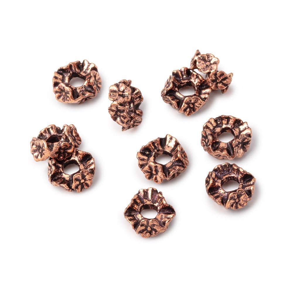 Set of 10: 8mm Antiqued Copper Large Hole Beads with Floral Edge - AtlantaFindingsCompany